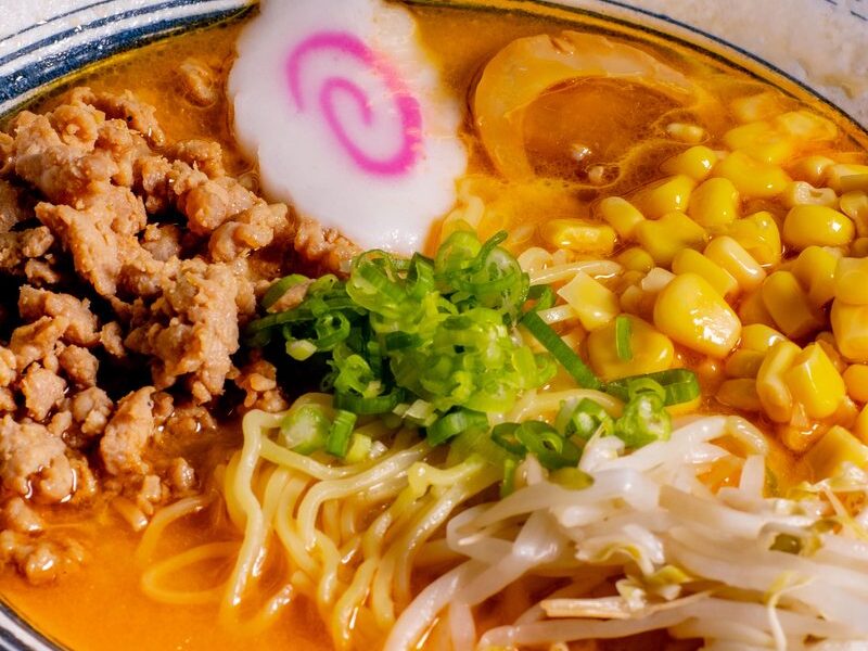 Tan tan spicy ramen with minced pork, corn and bean sprouts